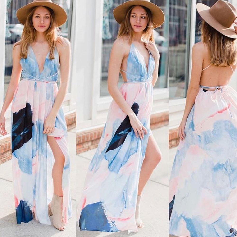 LAST ONE! ✨ Watercolor Plunge Maxi Dress Side Slit - Picture 5 of 5
